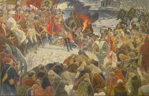 Во время встречи опричного войска новгородским духовенством на Великом мосту через Волхов, царь обвинил в измене архиепископа Пимена