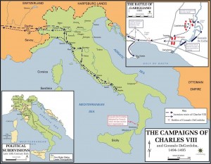 В ходе Первой Итальянской войны французы выступили из Рима и, не встречая сопротивления, двинулись на Неаполь